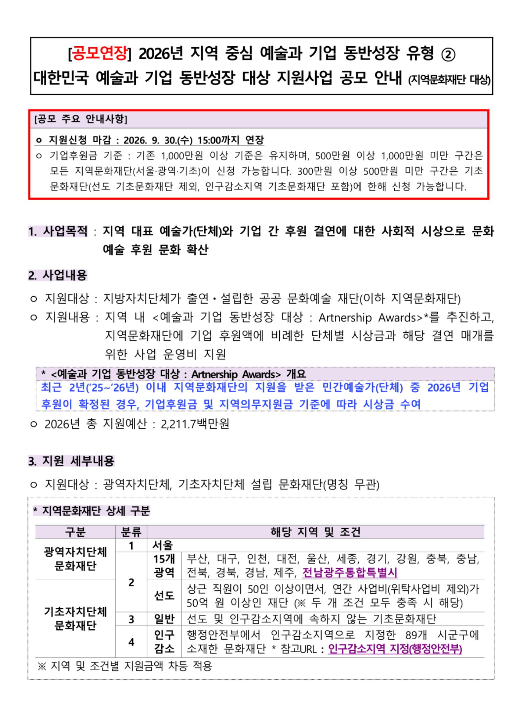 2026년 대한민국 예술과 기업 동반성장 대상(공고연장) 포스터